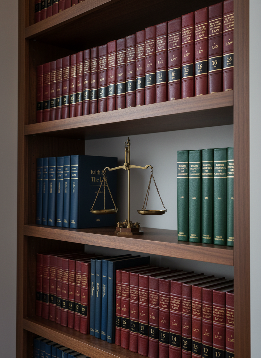 A close-up of a meticulously organized bookshelf filled with legal case reporters, academic texts, and a few thoughtfully placed books on faith, justice, and community, all with richly textured cloth and leather spines in burgundy, navy, and forest green. A small brass scale of justice anchors one shelf, its surface slightly worn but polished. The shelves are built-in dark walnut, set against a soft gray wall in a modern office. Warm, diffused overhead lighting creates a calm, dignified glow, with subtle reflections on the brass surface. Photographic realism with a slightly angled composition, using the rule of thirds to place the scale as a focal point. The atmosphere feels scholarly, ethical, and reflective, ideal for a professional bio and publications site.