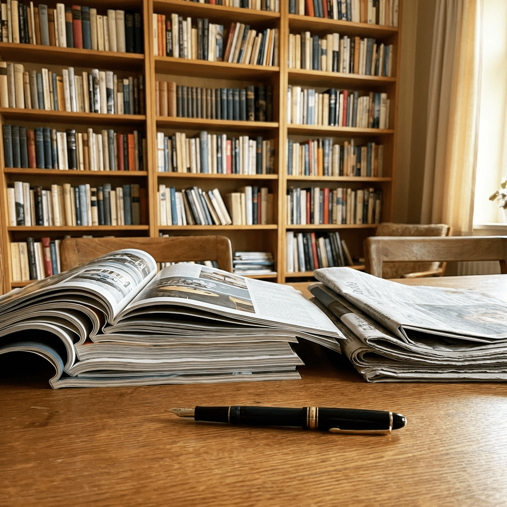 Open magazines and a fountain pen on a desk before a tall, filled bookshelf.